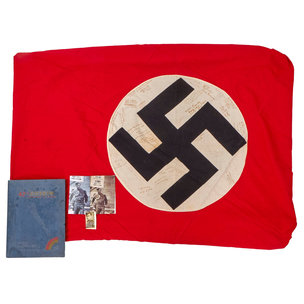 Original German WWII 42nd Infantry Division Anti-Tank Platoon 222nd Infantry USGI Captured & Signed NSDAP Double Sided Political Banner Flag with Provenance Research & Unit History - 47 x 110” Original Items