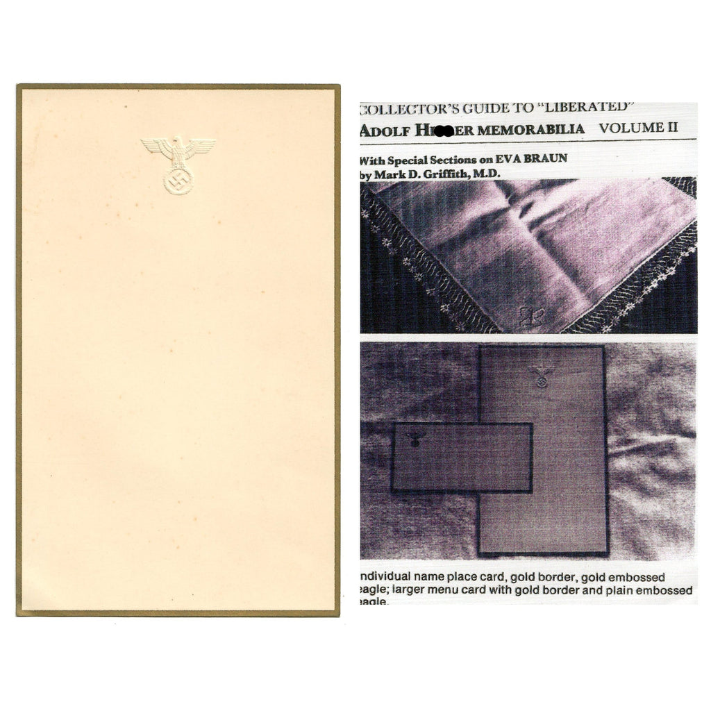 Original German WWII AH Berghof Large Menu Card with Embossed Eagle & Gold Border - 4 5/16 x 7 1/16” Original Items