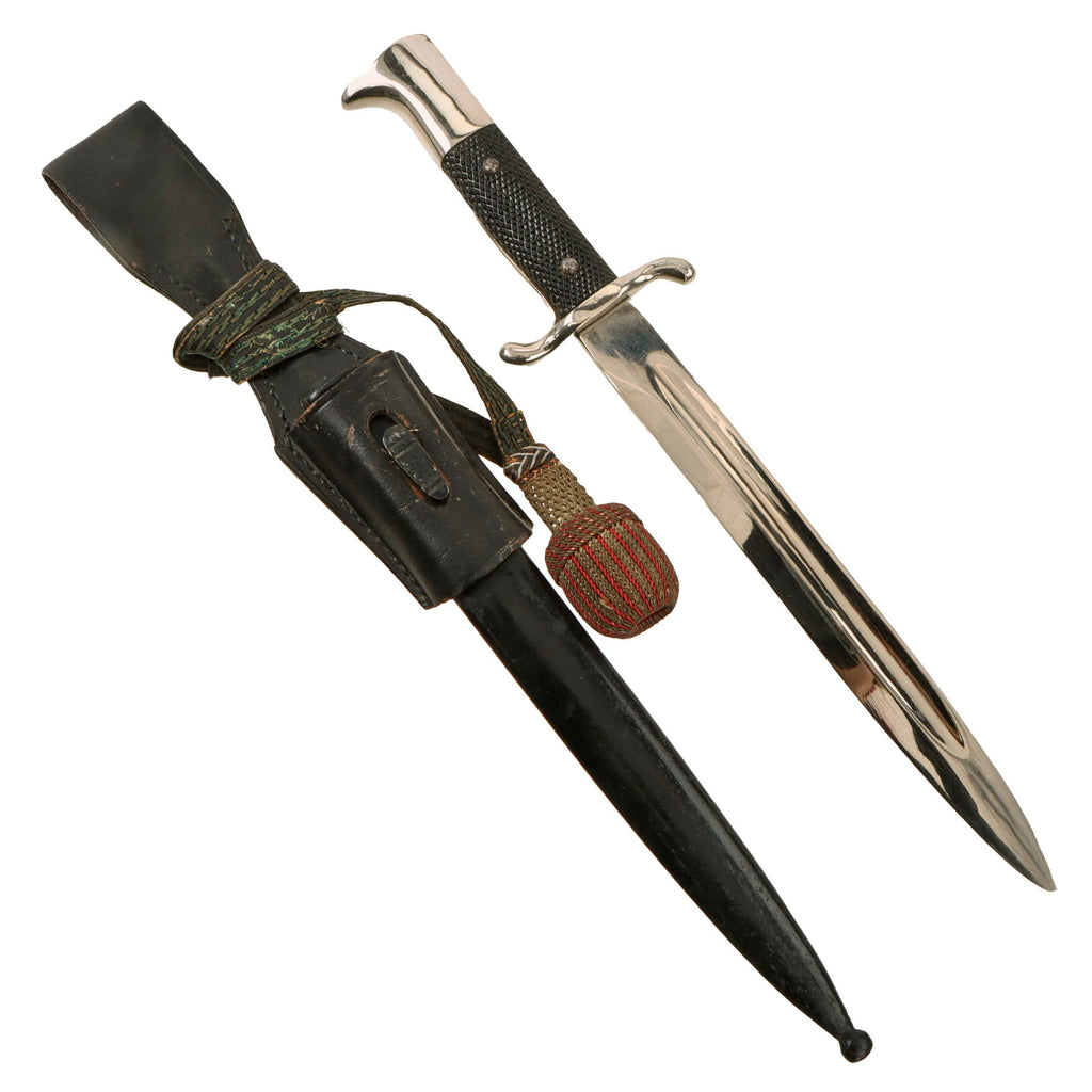 Original German WWII Fireman's Long Dress Bayonet with Scabbard, Frog, and Troddel Knot Original Items