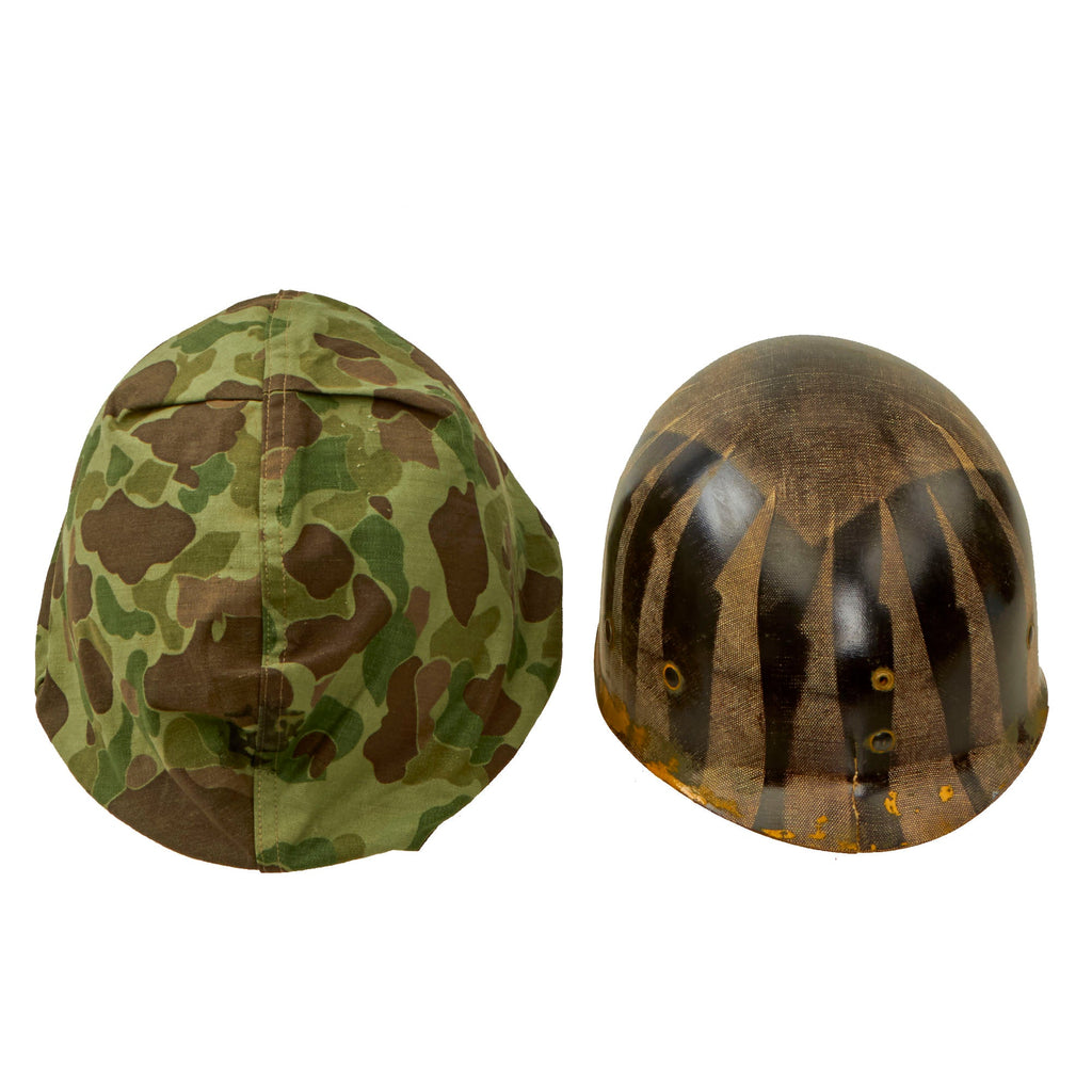 Original U.S. WWII / Korean War USMC Schlueter M1 Helmet Complete with Westinghouse Liner and USMC Blue Anchor Cover - Trauma Crack Original Items