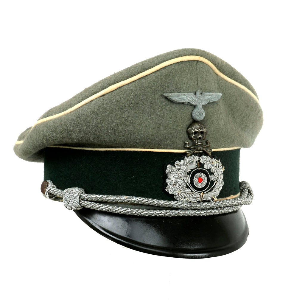 Original German WWII 17th Infantry Regiment Officers Schirmmütze Visor Crush Cap by Peküro with Braunschweig Skull Hussar Traditions Badge Original Items