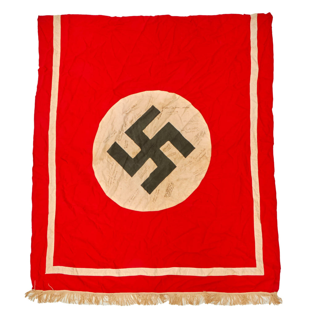 Original German WWII USGI Captured and Signed NSDAP National Socialist Party Fringed Podium Banner - 49" x 41" Original Items