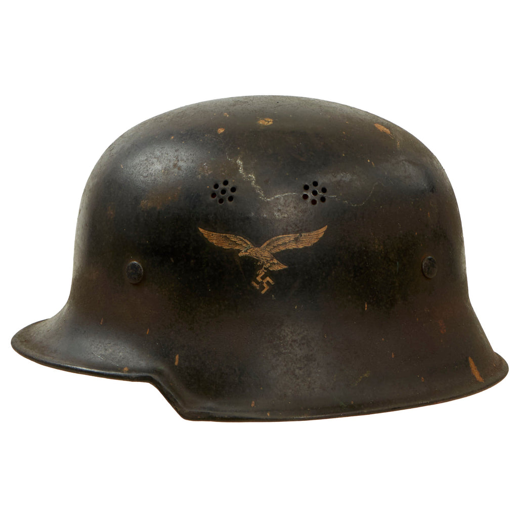 Original German WWII M34 Square Dip Luftwaffe Fire Brigade Crash Crew Helmet with Double Decals - Size 58 Original Items