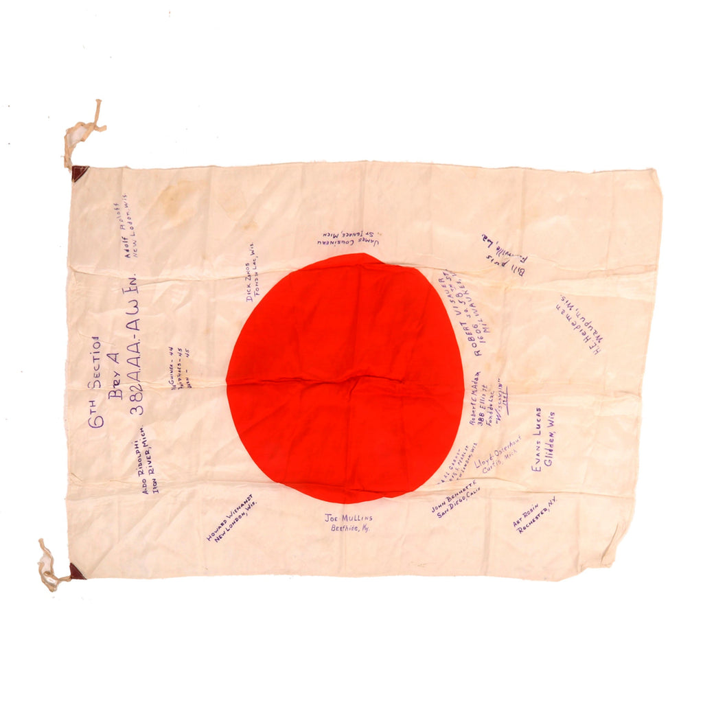 Original U.S. WWII 382nd Anti-Aircraft Artillery Battalion Captured & Signed Japanese Flag - 15 Signatures - 29 x 43” Original Items