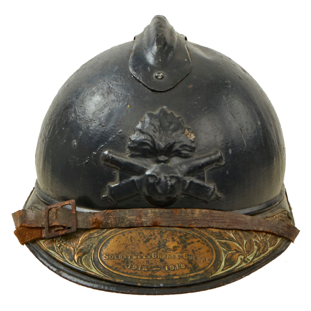 Original French WWI Model 1915 Adrian Helmet in Horizon Blue with Artillery RF Badge and Soldat De La Grande Guerre 1914-1918 Brass Plate - Scarce 1st Pattern Liner - Complete Original Items