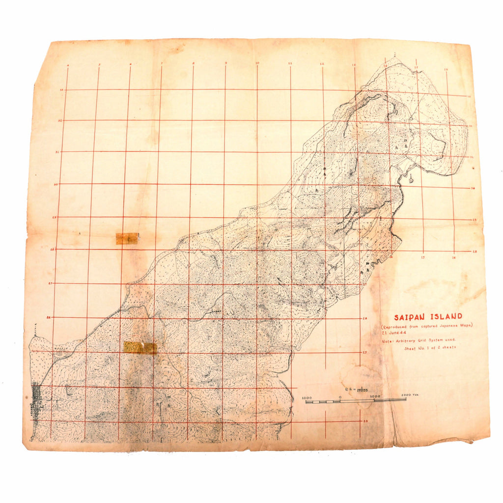 Original U.S. WWII Map of Saipan Reproduced from Captured Japanese Maps - Dated June 21st, 1944 - 18 x 20” Original Items