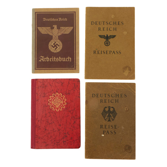 Original German WWII Set of Four Identification & Document Books - Two Passports, Workbook, and DAF Membership Book Original Items