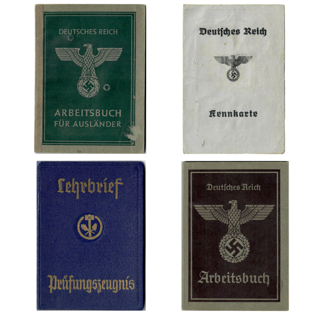 Original German WWII Set of Four Identification & Document Books - (2) Wehrpaß, (1) Soldbuch & (1) Arbeitsbuch Original Items