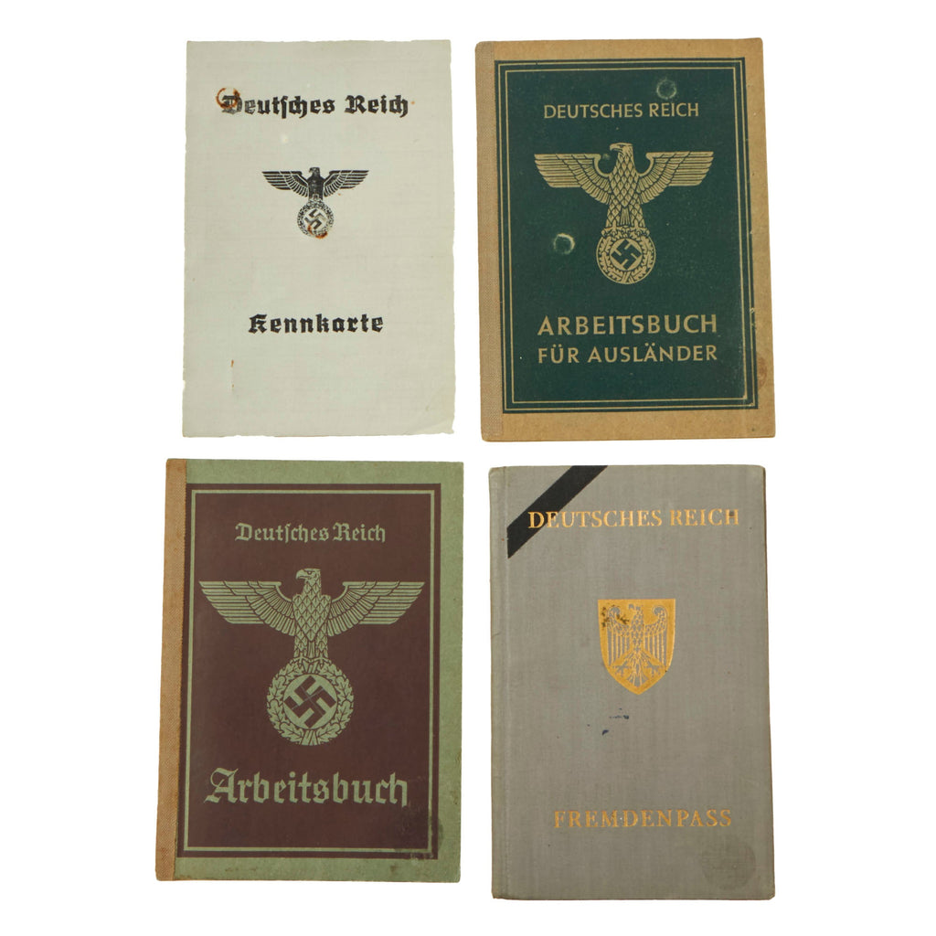 Original German WWII Set of Four Identification & Document Books - ID Card, Workbooks, and Foreign Passport Original Items