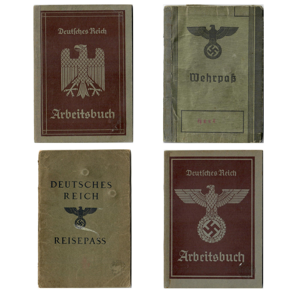 Original German WWII Set of Four Identification & Document Books - Wehrpaß, Passport, and Workbooks Original Items