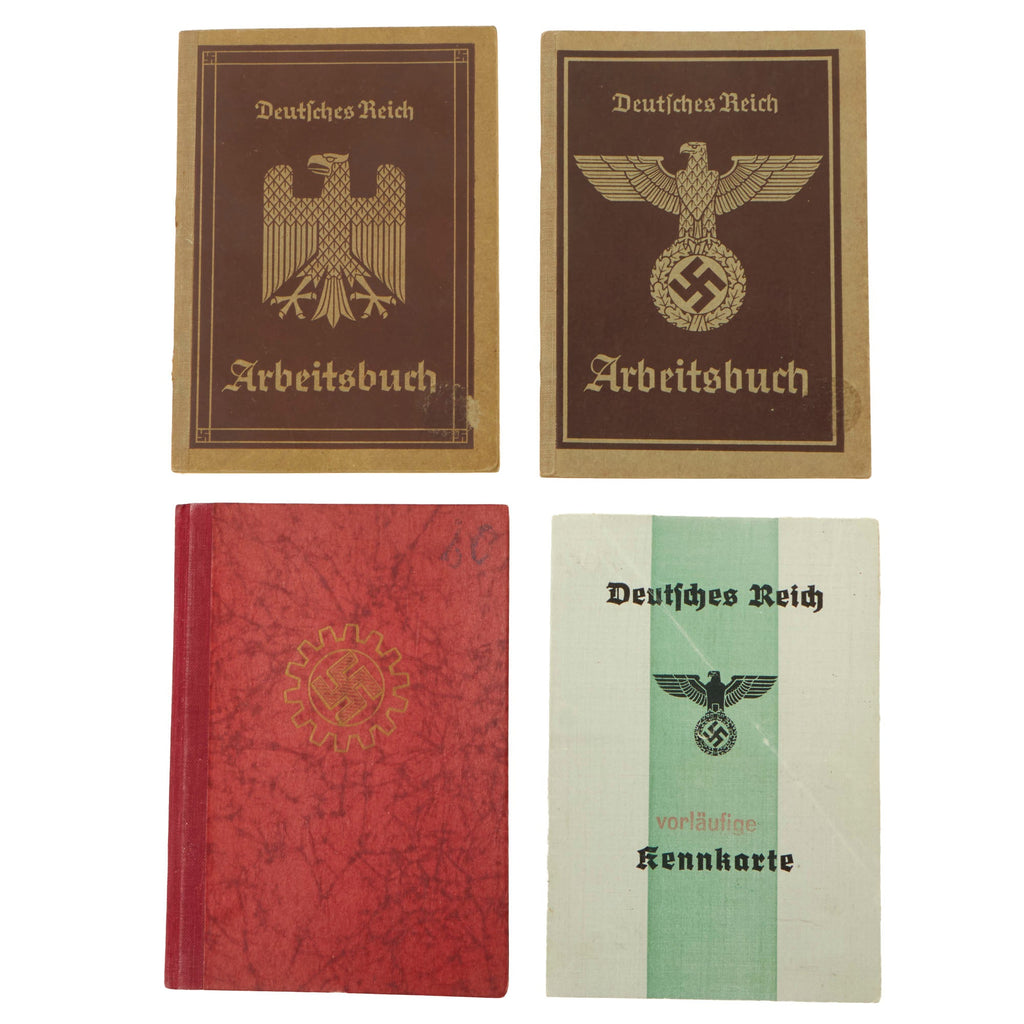Original German WWII Set of Four Identification & Document Books - ID Card, Workbooks, and DAF Membership Book Original Items