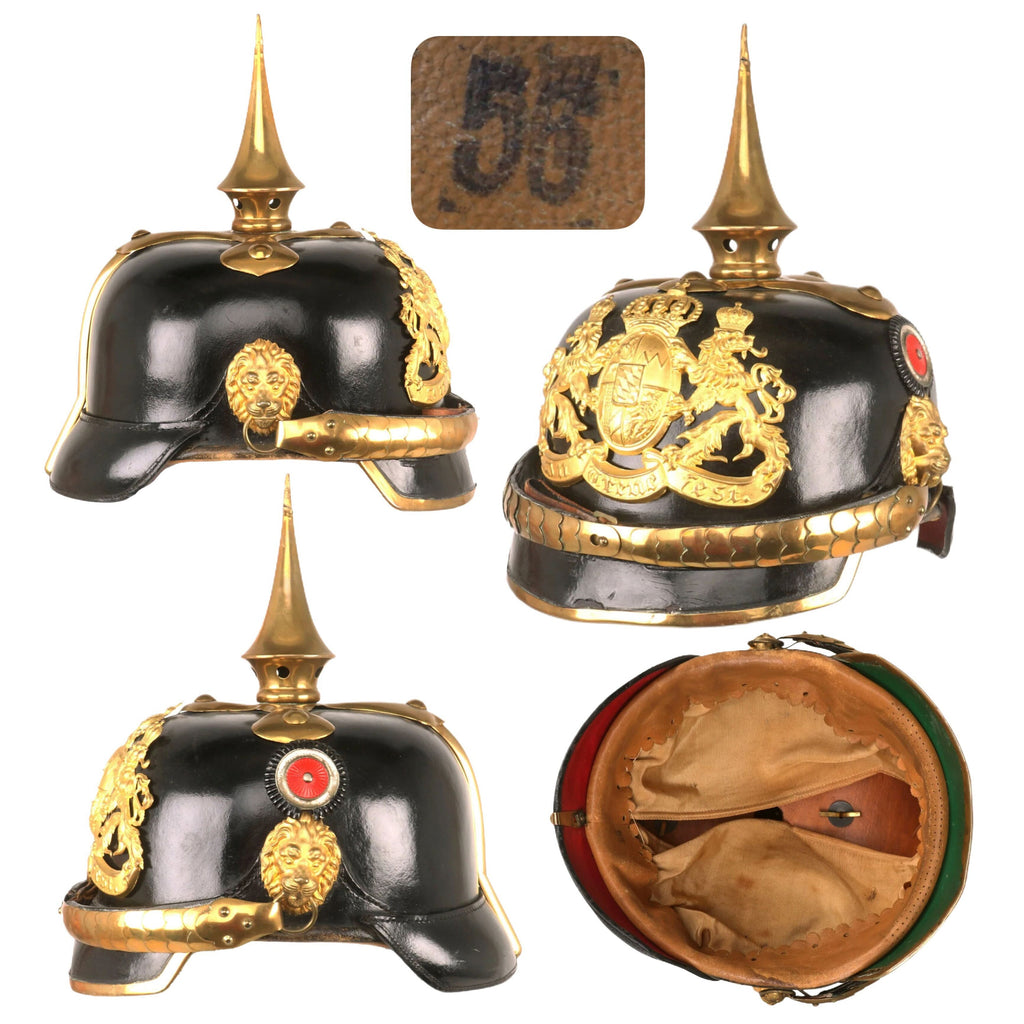 Original German WWI Bavarian M1896 State Official’s Leather Pickelhaube Helmet with Chinscales & Lion’s Head Posts - Size 55 Original Items