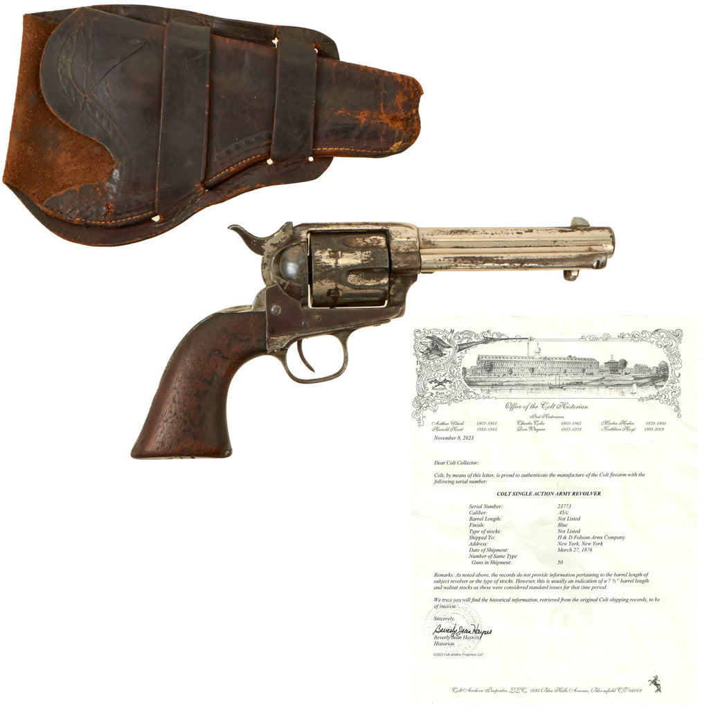 Original U.S. Colt Nickel Plated .45cal Single Action Army Revolver Made in 1876 with Cut 4 3/4" Barrel, Factory Letter, and Period Holster - Serial 23773 Original Items