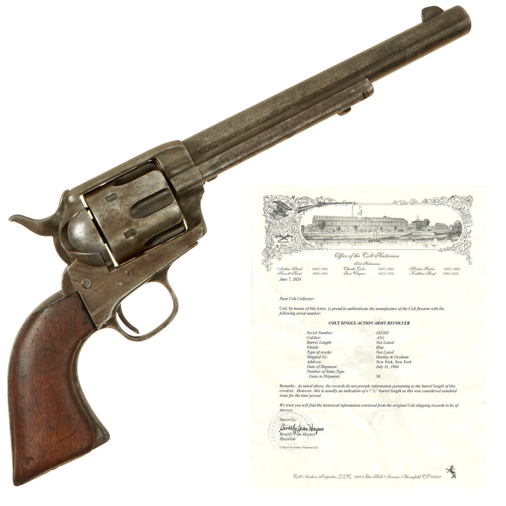 Original U.S. Colt .45cal Single Action Army Revolver Made in 1884 with 7 ½" Barrel and Factory Letter - Serial 105265 Original Items