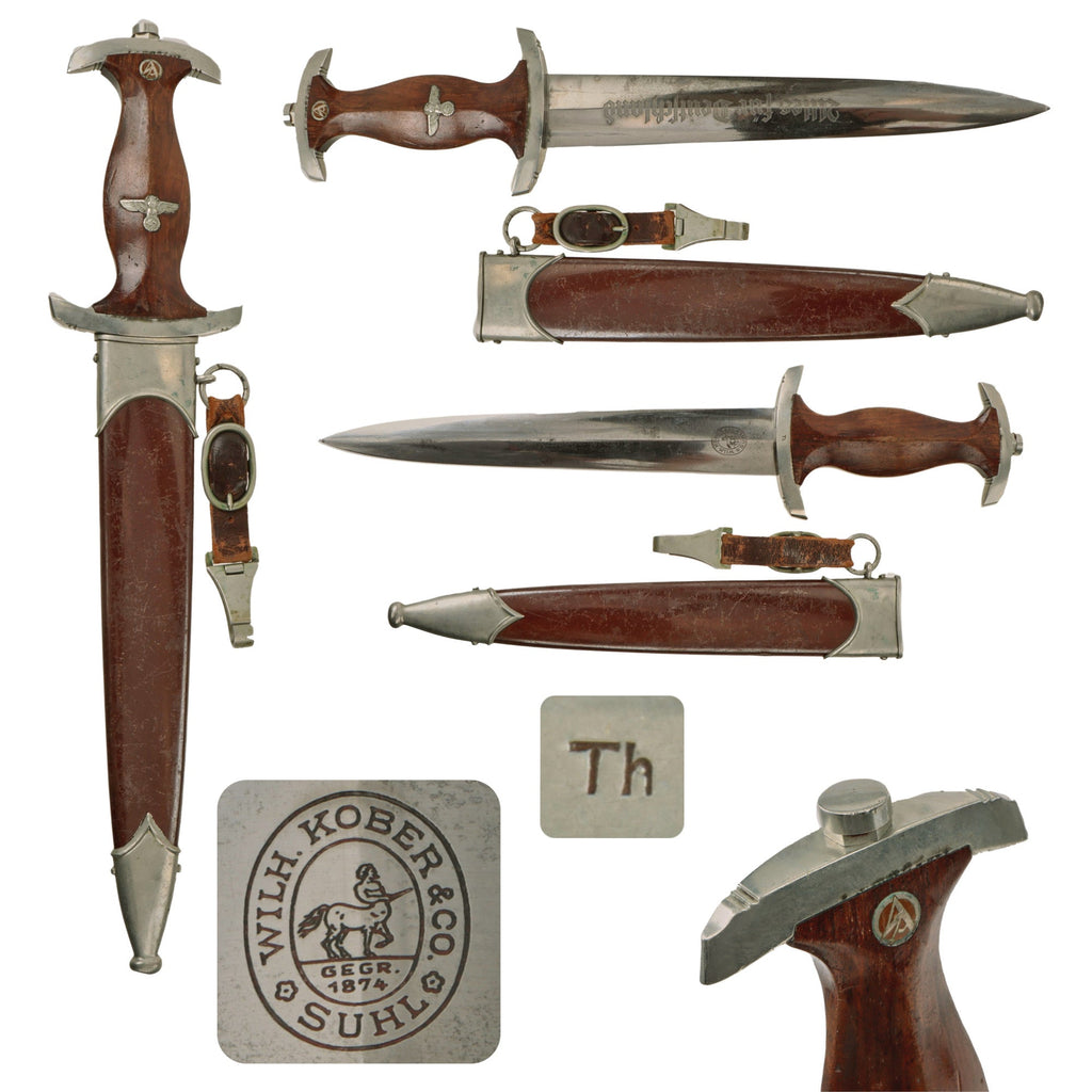 Original German Early WWII SA Dagger by Rare Maker Wilhelm Kober of Suhl with Scabbard and Hanger Original Items