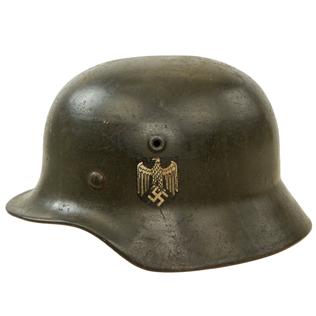 Original German WWII M40 Single Decal Army Heer Steel Helmet with Damaged Liner - EF62 Original Items