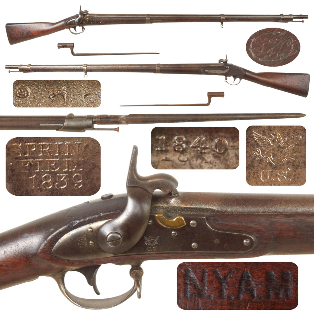 Original U.S. Springfield Model 1835 Flintlock Musket with Cone in Barrel Percussion Conversion, 1839 Dated, with Bayonet Original Items