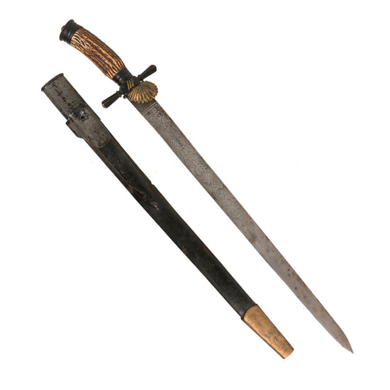 Original German WWI Era Hirschfänger Stag Handle Triple Etched Hunting Short Sword by Clemen & Jung with Triple-Etched Skinning Knife in Scabbard (Copy) Original Items