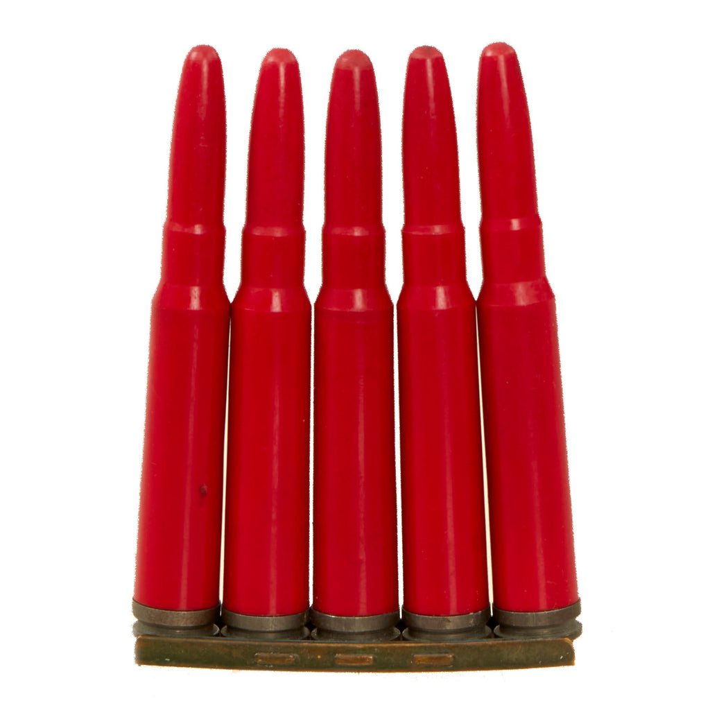 Original German WWII Set of Five 8mm Mauser Red Plastic Exerzier Patronen Drill Training Rounds on Stripper Clip Original Items