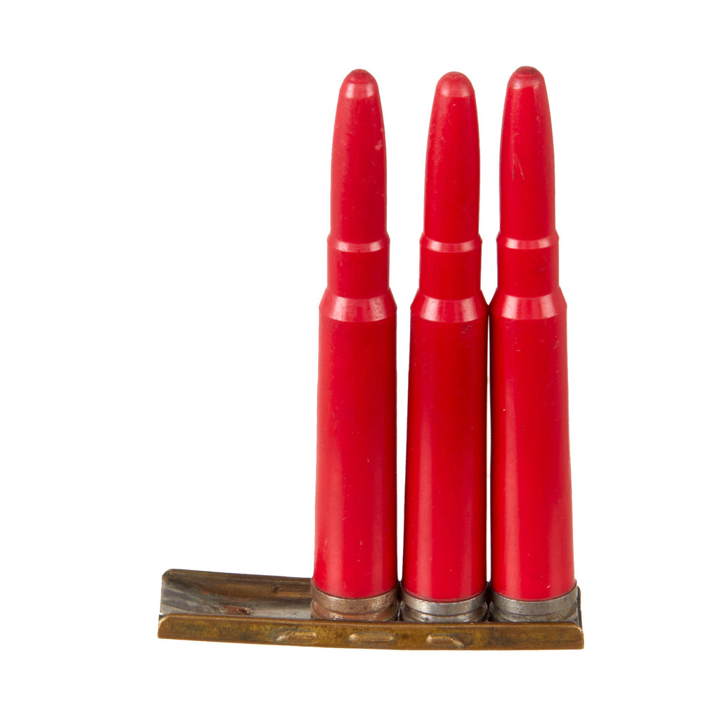 Original German WWII Set of Three 8mm Mauser Red Plastic Exerzier Patronen Drill Training Rounds on Stripper Clip Original Items