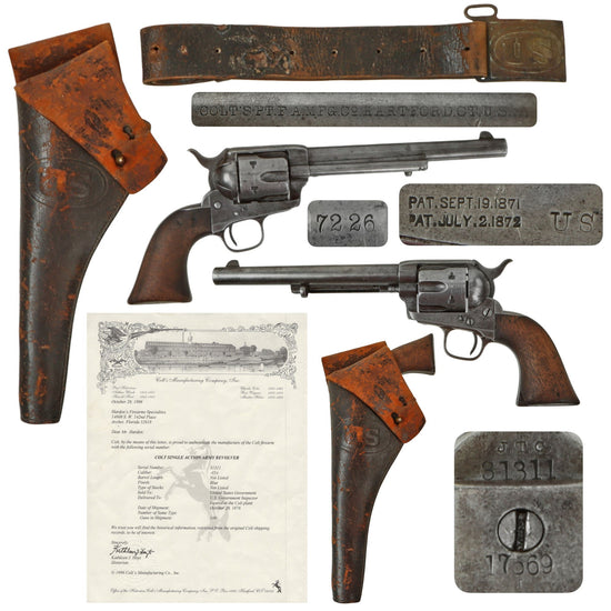 Original U.S. Surcharged Artillery Model Colt .45cal Single Action Army 7 1/2" Barrel Revolver Made in 1876 with Period Belt, M1881 Holster, and Factory Letter - Serial 31331 Original Items