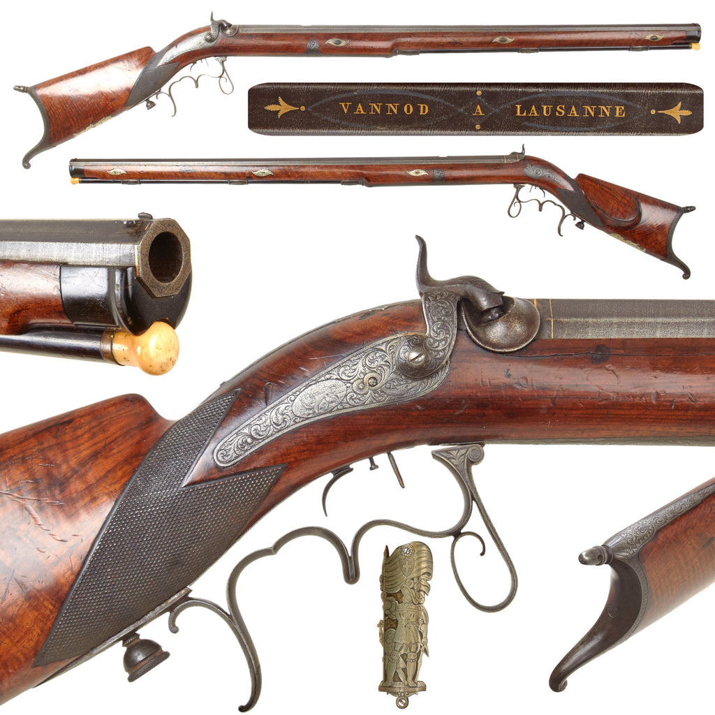 Original Swiss Ornate Schützen Target Rifle by Vannod of Lausanne with Set Trigger and Burl Wood Stock - Circa 1850 Original Items