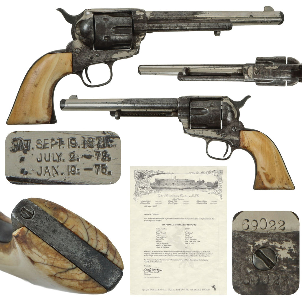 Original U.S. Colt Nickel Plated .45cal Single Action Army 7 1/2" Barrel Revolver Made in 1881 with Ivory Grip and Factory Letter - Serial 69022 Original Items