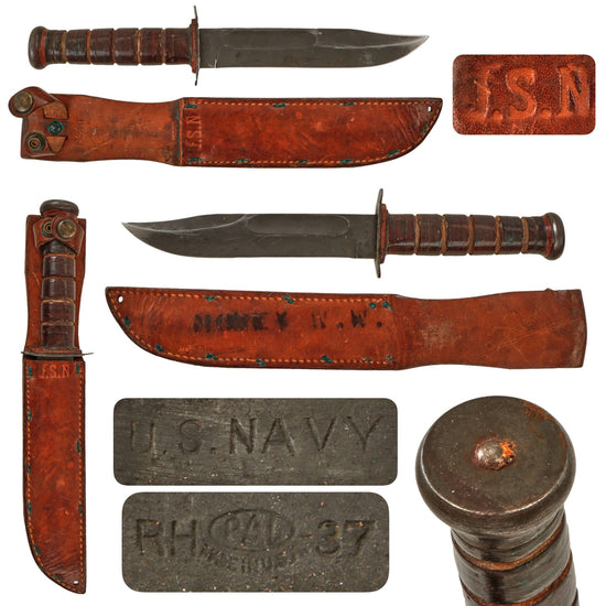 Original U.S. WWII Navy Rare “Red Spacer” Mark 2 KA-BAR Fighting Knife by PAL with Leather Scabbard Original Items