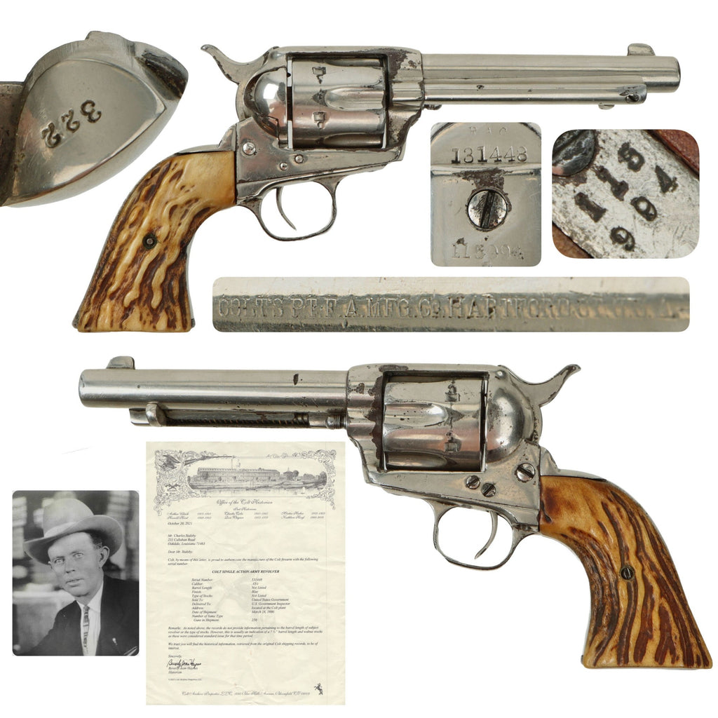 Original U.S. Surcharged Artillery Model Colt .45cal Nickel-Plated Single Action Army Revolver Made in 1890 with Stag Grips, Factory Letter, and Named Research - Serial 131448 Original Items