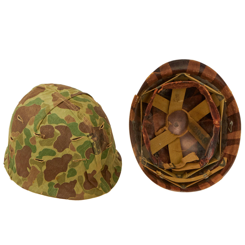 Original U.S. WWII / Korean War USMC Front Seam Fixed Bale M1 Helmet with MSA Liner and USMC Cover With Stenciled Eagle, Globe and Anchor - Complete Original Items