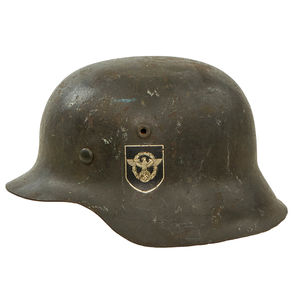 Original German WWII Double Decal NSDAP Civic Police M42 Steel Combat Helmet with 1943 Dated 57cm Liner - Stamped EF64 Original Items