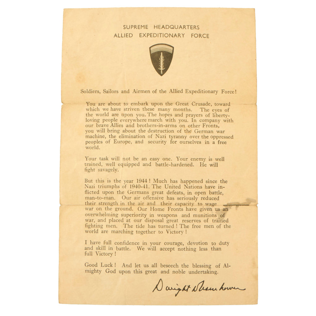 Original U.S. WWII SHAEF Eisenhower Letter Sent to the Troops Before D-Day Original Items