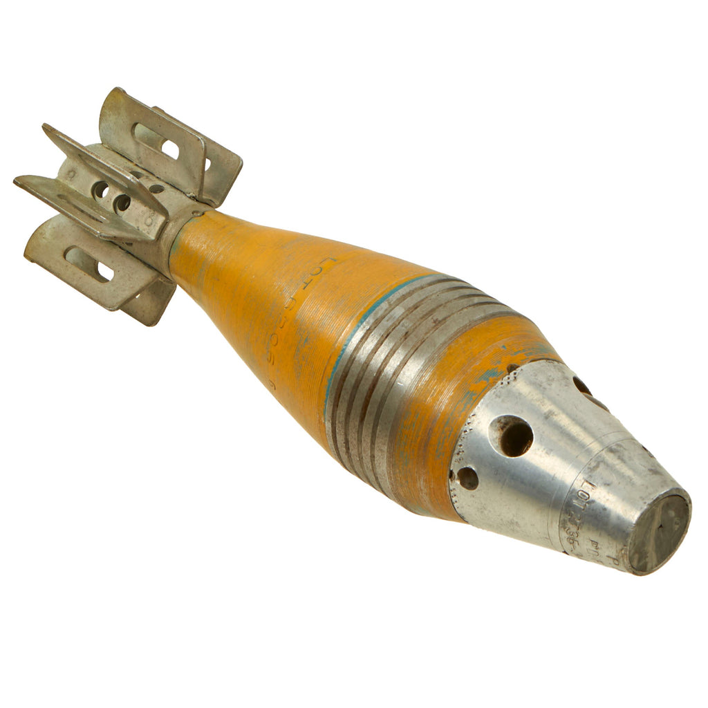 Original U.S. WWII 1941-Dated M49A2 60mm Deactivated Practice Mortar Round with 1941-Dated Fuse and Later-Added Yellow Paint - Inert Original Items