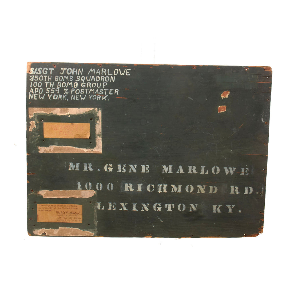 Original U.S. WWII AAF Send-Home Box Lid of Aerial Gunner S/Sgt John Marlowe - Completed 25 Missions Over Germany - 350th Bomb Squadron, 100th Bomb Group Original Items
