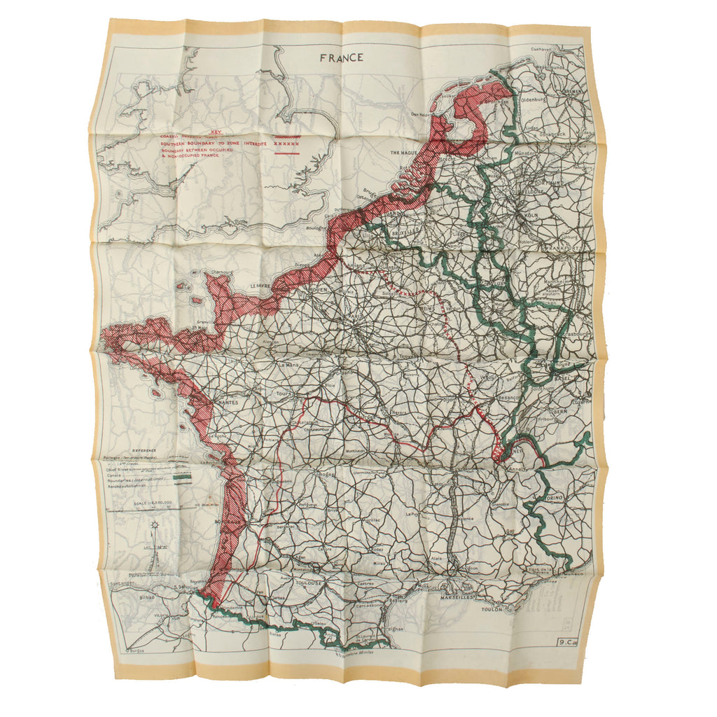 Original British WWII RAF MI9 Double-Sided Silk Escape & Evasion Map 9.C(a) / 2.B - France & Germany, c. 1940-1942 Original Items