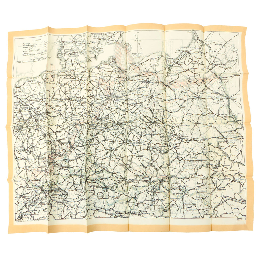 Original British WWII RAF Silk Double-Sided Escape Map of Germany & France - Air Ministry No. 7329 & 7330 - 15 x 18” Original Items