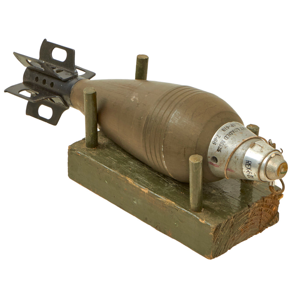 Original U.S. Korean War Deactivated 81mm M43A1B1 HE Mortar Shell Round Dated 1953 with Vietnam War 1968-Dated Fuze on Display Stand - Inert Original Items