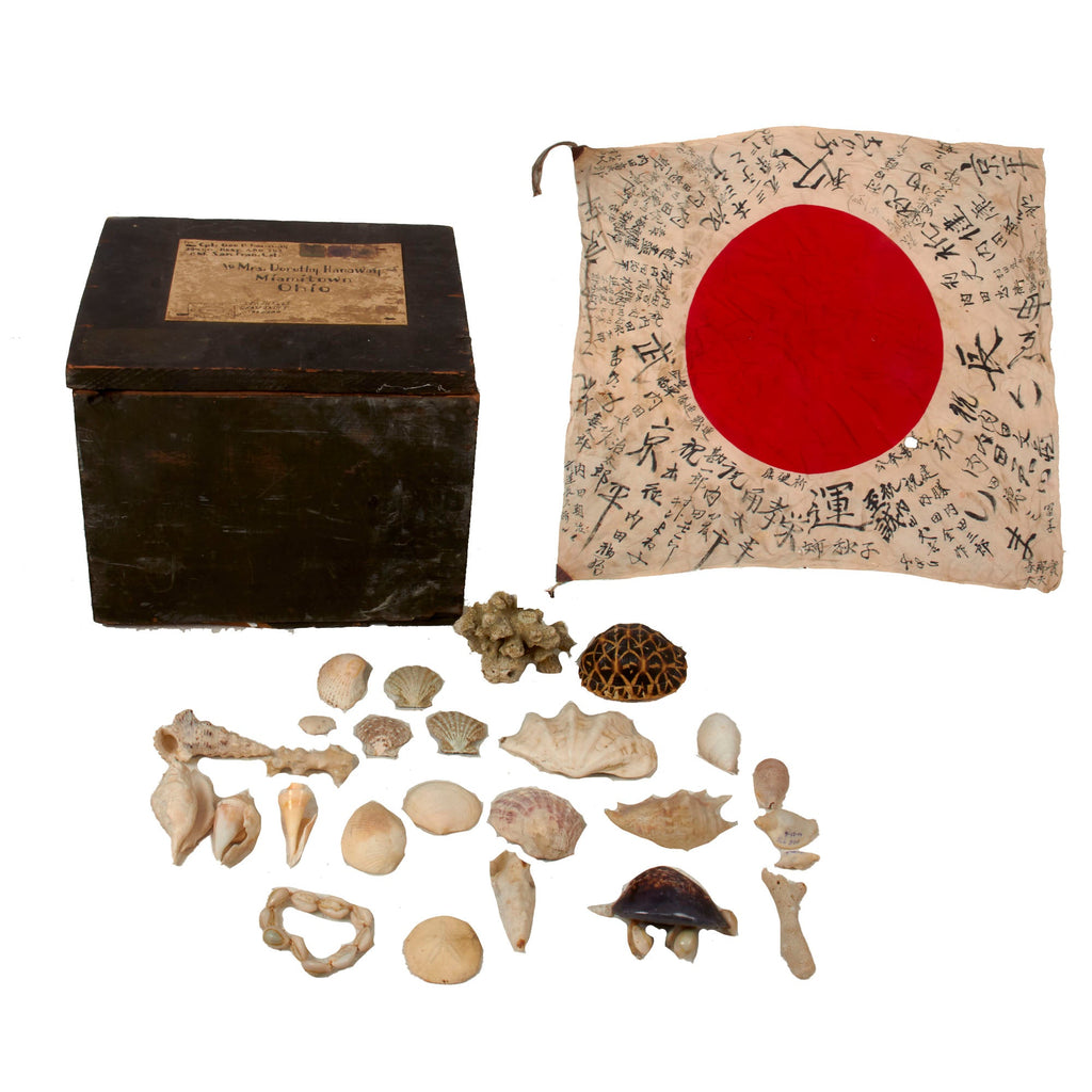 Original U.S. WWII Send-Home Box with Japanese Good Luck Flag & Seashell Collection from Corporal George D. Hanaway, 29th General Hospital - Page of Flag Translations Original Items