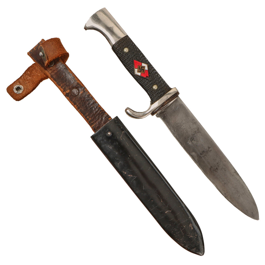 Original German WWII Early Motto-Marked HJ Knife by Rare Maker E. Knecht & Co. of Solingen with Scabbard Original Items
