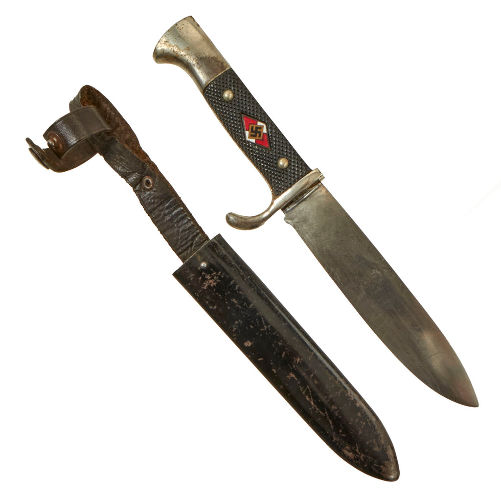 Original German WWII Early Motto Marked HJ Knife by W.K.C. Waffenfabrik of Solingen with Scabbard Original Items