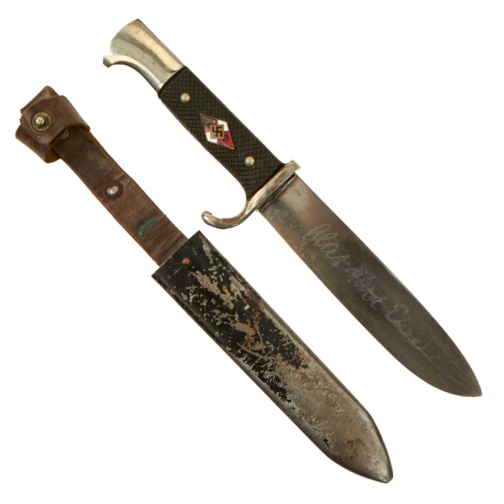 Original German WWII Early Motto-Marked HJ Knife by Rare Maker Anton Wingen Jr. with Scabbard Original Items