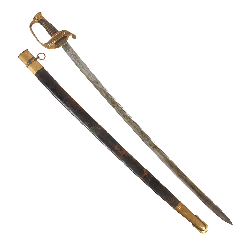 Original U.S. Civil War M1850 Foot Officer Sword by W.H. Horstmann & Sons with Etched German-Made Blade & Leather Scabbard Original Items