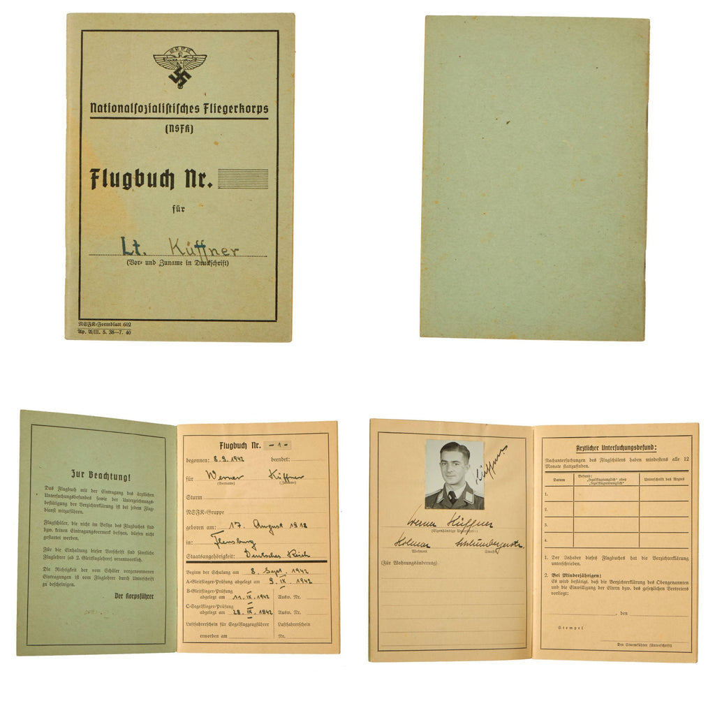 Original German WWII NSFK National Socialist Flying Corps Flugbuch to MIA/KIA Pilot with Two Victories - Werner Küffner, Jagdgeschwader 27 Original Items