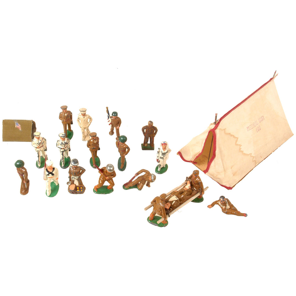 Original U.S. WWI & WWII Collection of Metal Toy Soldiers - Lot of 21 Barclay Manoil & Medical Prop-Up Tent Toys Original Items