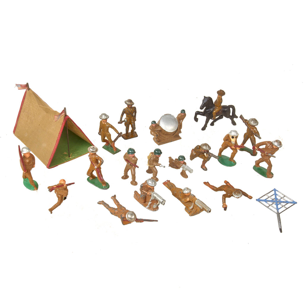 Original U.S. WWI & WWII Collection of Metal Toy Soldiers - Lot of 20 Barclay Manoil & Prop-Up Tent Toys Original Items