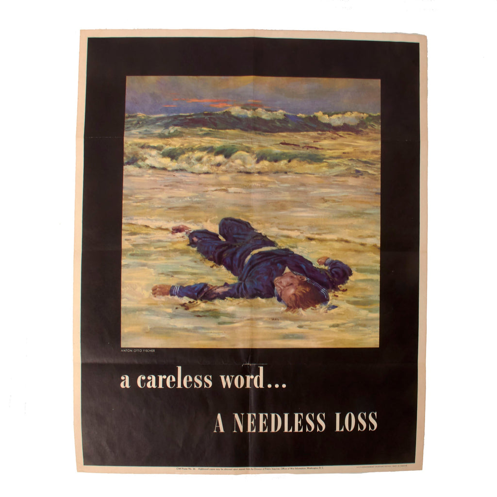 Original U.S. WWII 1943 “A Careless Word… a Needless Loss” Propaganda Anti-Espionage Poster - 22 x 28” Original Items