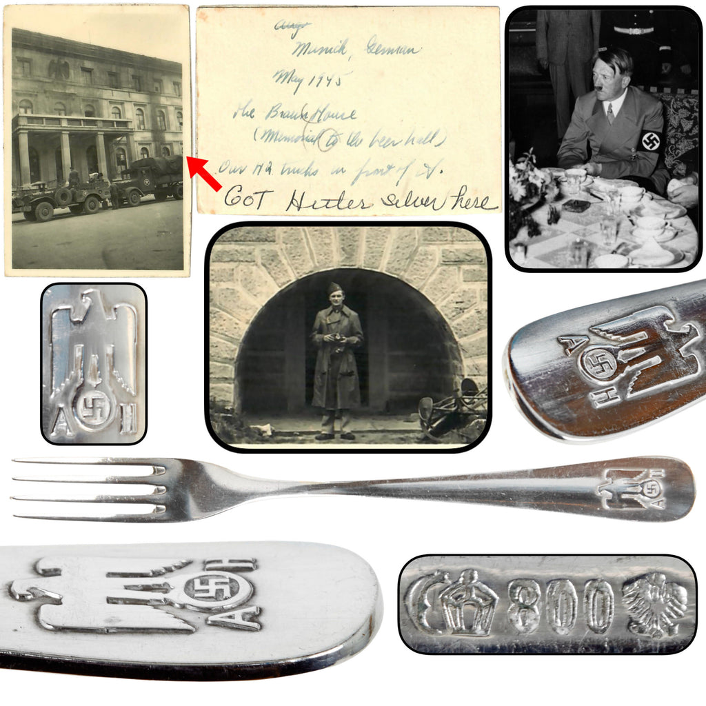 Original German WWII May 1945 Munich Braunes Haus Recovered AH “Informal Pattern” .800 Silver Demitasse Fork by Bruckmann & Söhne with Notarized Provenance from Captain Abraham Epstein - 1269th Engineer Combat Battalion