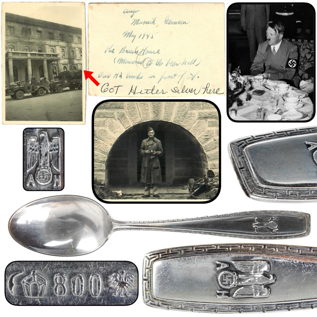 Original German WWII May 1945 Munich Braunes Haus Recovered AH “Formal Pattern” .800 Silver Demitasse Spoon by Bruckmann & Söhne with Notarized Provenance from Captain Abraham Epstein - 1269th Engineer Combat Battalion