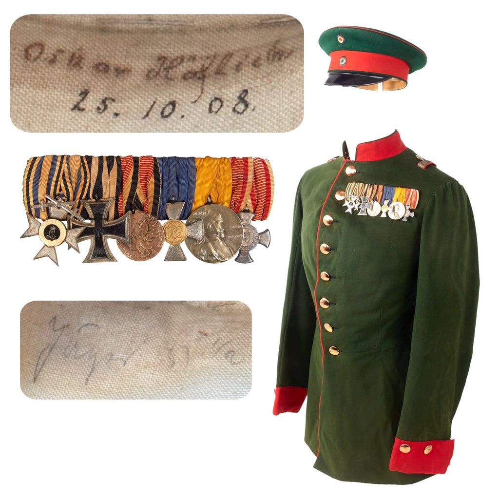 Original Imperial German Pre-WWI Named Prussian Jäger Officer Waffenrock & Dienstmütze Visor with 6-Place Medal Bar - Oscar Höflich Original Items