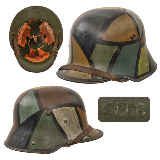 Original German WWI M16 Stahlhelm Helmet with Reproduced Panel Camouflage Paint & Original Liner - Marked Si.66 Original Items